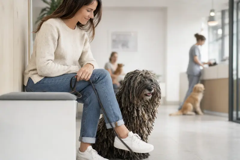 Ein Puli sitzt ruhig neben seinem Besitzer im hellen Wartezimmer einer modernen Tierarztpraxis.